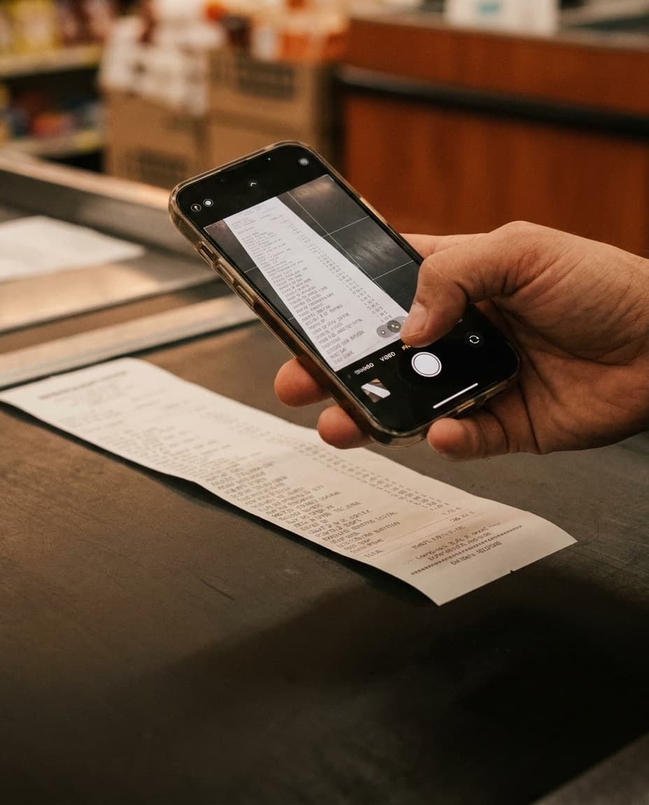 Una mano le toma foto a la factura del súper con el teléfono